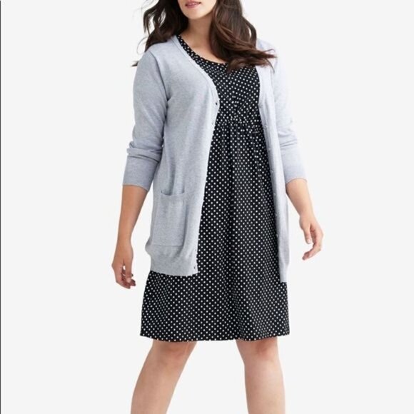 Ellos Plus Size Polka Dot Dress 22/24 Black Scoop Neck Stretch Short Sleeve - Picture 2 of 7